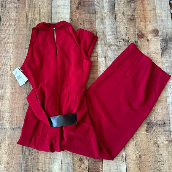 Red Julia Jordan Sleeveless Belted Jumpsuit With Wide Legs & Pockets - Picture 11 of 11